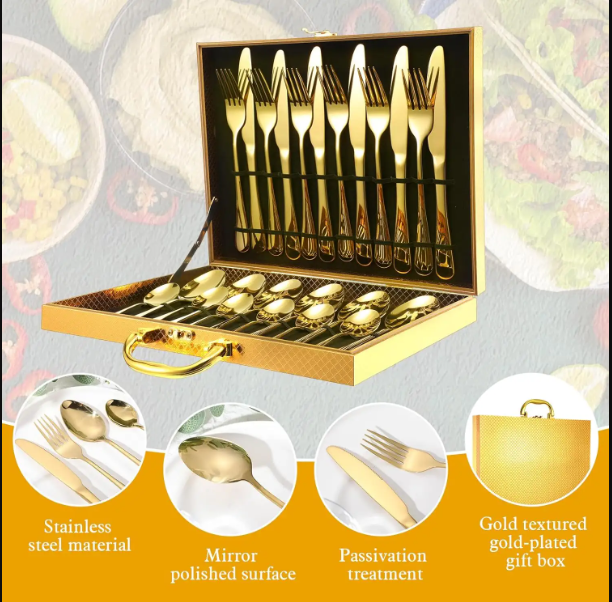 Gold Cutlery Set 24pcs Gold Plated Cutlery Set with Box - Other Brand Cutlery | Aleppo Gift UAE